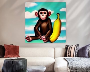 Baby aap met een grote banaan schilderij van Laly Laura