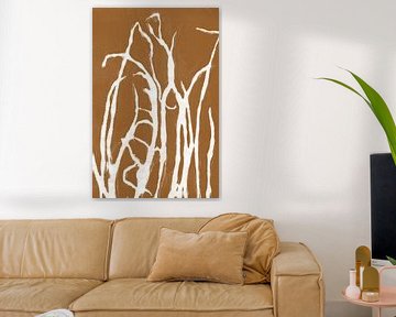 White grass in retro style. Modern botanical minimalist art in white on rust brown. by Dina Dankers