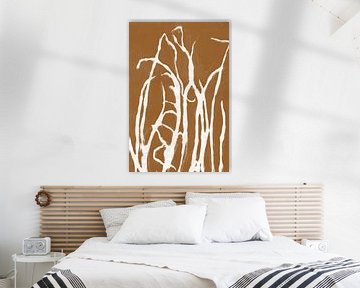 Wit gras in retrostijl. Moderne botanische minimalistische kunst in wit op roestbruin. van Dina Dankers