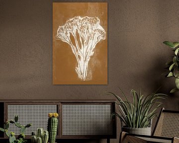 White flower in retro style. Modern botanical minimalist art in white on rust brown. by Dina Dankers