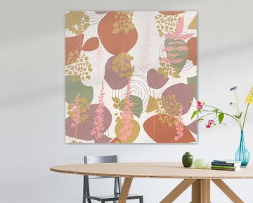 Fleurs dans un style rétro. Art botanique abstrait moderne en rose, vert et orange. sur Dina Dankers
