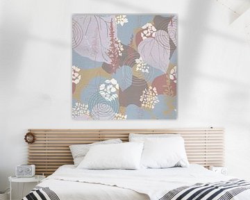 Bloemen in retro stijl. Moderne abstracte botanische kunst in blauw, roze, beige van Dina Dankers