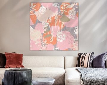 Fleurs dans un style rétro. Art botanique abstrait moderne en orange, rose, vert et gris. sur Dina Dankers