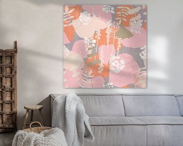 Bloemen in retro stijl. Moderne abstracte botanische kunst in oranje, roze, groen, grijs van Dina Dankers