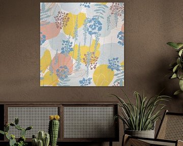 Bloemen in retro stijl. Moderne abstracte botanische kunst in geel, blauw, roze van Dina Dankers
