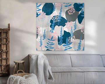 Bloemen in retro stijl. Moderne abstracte botanische kunst in blauw, roze, grijs van Dina Dankers