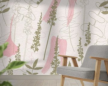 Flowers in retro style. Modern abstract botanical art in pink, green, white by Dina Dankers