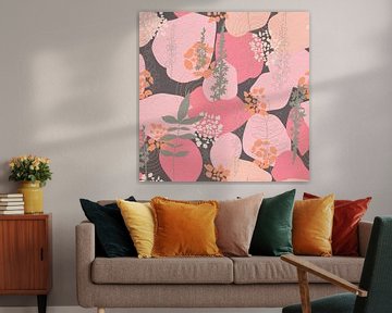 Bloemen in retro stijl. Moderne abstracte botanische kunst in roze, oranje, grijs van Dina Dankers