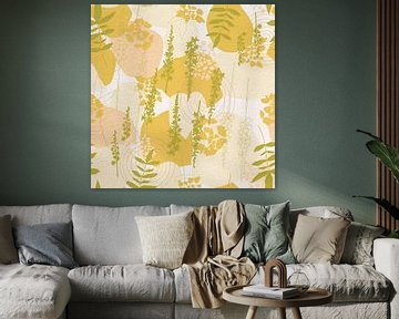 Blumen im Retro-Stil. Moderne abstrakte botanische Kunst in gelb, grün, rosa von Dina Dankers