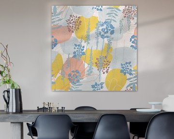Bloemen in retro stijl. Moderne abstracte botanische kunst in blauw, geel. roze, wit van Dina Dankers