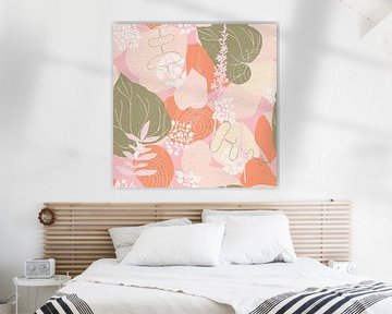 Blumen im Retro-Stil. Moderne abstrakte botanische Kunst in grün, orange, beige, rosa von Dina Dankers