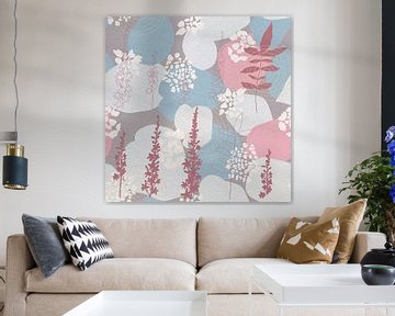 Bloemen in retro stijl. Moderne abstracte botanische kunst in paars, roze, blauw, grijs van Dina Dankers