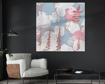 Bloemen in retro stijl. Moderne abstracte botanische kunst in paars, roze, blauw, grijs van Dina Dankers