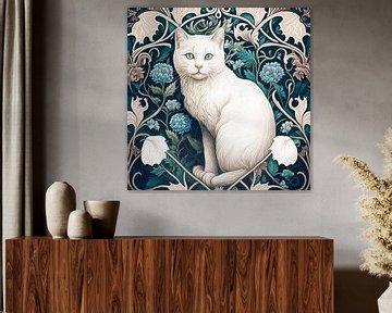 White cat in plant and flower pattern by Vlindertuin Art