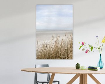 Zee, blauwe lucht, duinen, grashalmen op Schiermonnikoog | natuur fine art foto