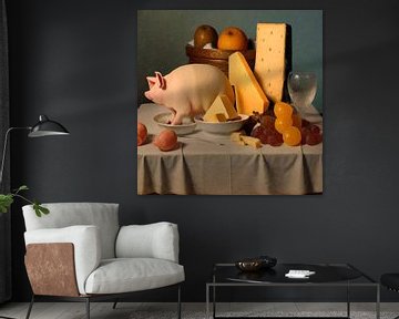 Still life with cheese, fruit and a pig by Nop Briex
