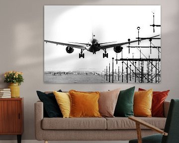 Aircraft and landing lights off the runway by Pieter van Marion