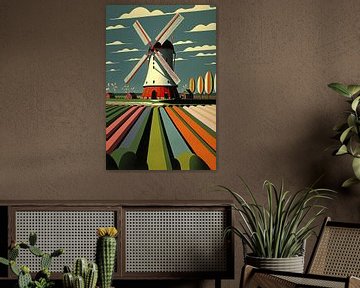 Minimalist Dutch tulip field with a windmill by Vlindertuin Art