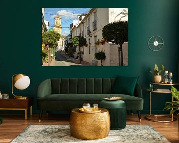 Rue accueillante avec les pots de fleurs jaunes à Estepona.