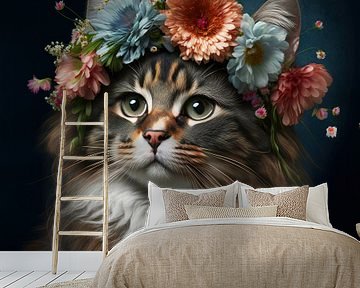 Kat in bloemenkrans: Een beeld van natuurlijke elegantie van Vlindertuin Art