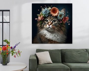 Kat in bloemenkrans: Een beeld van natuurlijke elegantie van Vlindertuin Art
