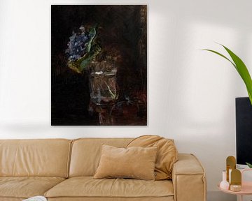 Still life with blue flowers in a vase on dark black brown. by Dina Dankers