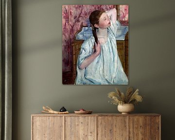 meisje haar, haar arrangerend, Mary Cassatt