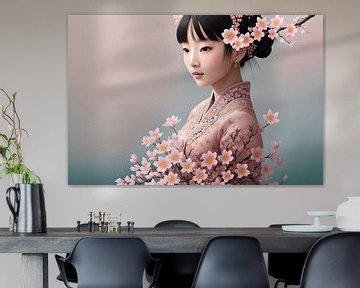 Japans meisje met roze bloemen van Hilde Remerie