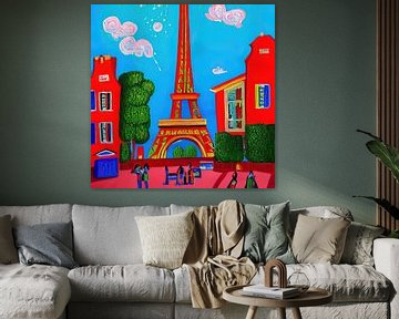 architectuur, kunst, artistiek, kunstwerk, gebouw, stad, kleurrijk, Eiffeltoren schilderij van Laly Laura