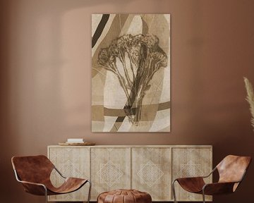 Flower and lines.  Modern abstract botanical geometric art in beige and brown by Dina Dankers