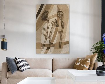 Organic shapes and flowers.  Modern abstract botanical geometric art in beige and brown by Dina Dankers