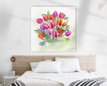 Tulipes et papillons, peinture à l'huile