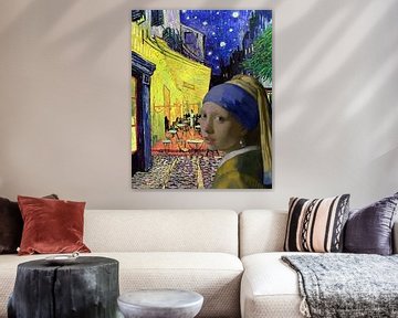 Meisje met de parel -op het caféterras Vincent van Gogh van Digital Art Studio