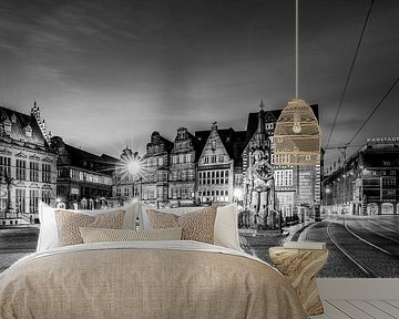 Panorama marktplein in Bremen - zwart-wit van Werner Dieterich
