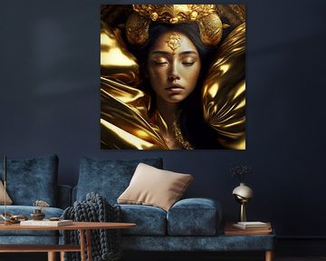 Spiritueel Portret van Vrouw slapend in goud satijn van Surreal Media