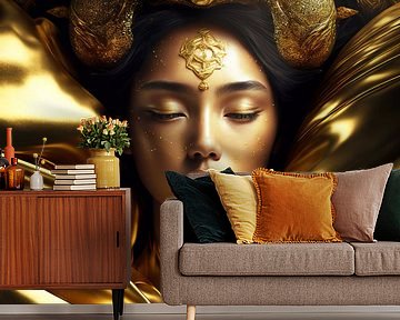Spiritueel Portret van Vrouw slapend in goud satijn van Surreal Media