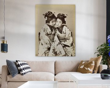 Two Japanese girls wearing kimonos. Vintage photo in black and white. by Dina Dankers