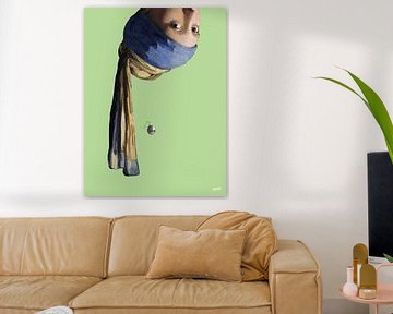 Vermeer Upside Down Girl with a Pearl Earring - pop art light green by Miauw webshop