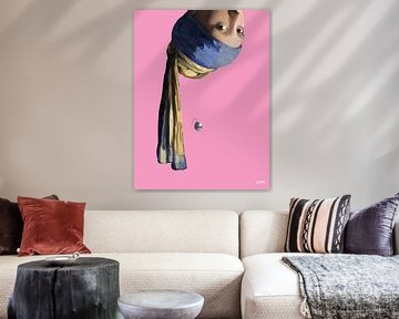 Vermeer Meisje met de Parel Ondersteboven - popart roze van Miauw webshop
