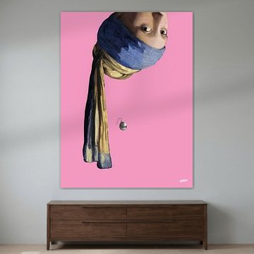 Vermeer Mädchen mit dem Perlenohrring auf den Kopf gestellt - Pop Art rosa von Miauw webshop