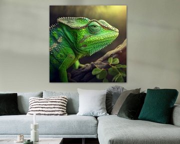 Green chameleon on a branch, Art illustration by Animaflora PicsStock