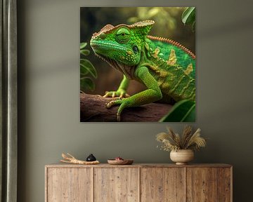 Green chameleon on a branch, Art illustration by Animaflora PicsStock