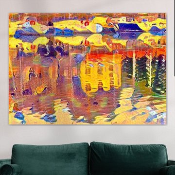 Reflections of boats and houses in the water.