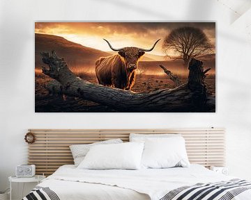 Schotse Hooglander bij zonsondergang van Vlindertuin-Art