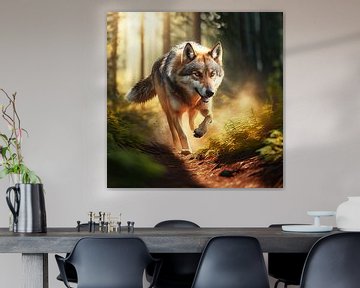 Rennende wolf in bos van Digital Art Nederland