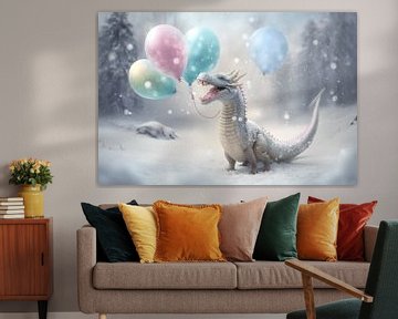 Een kinderlijke blije draak met pastel kleurige ballonnen in de sneeuw. van Karina Brouwer