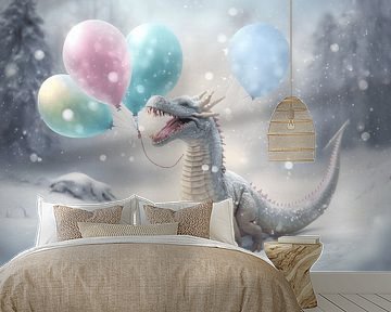 Een kinderlijke blije draak met pastel kleurige ballonnen in de sneeuw. van Karina Brouwer