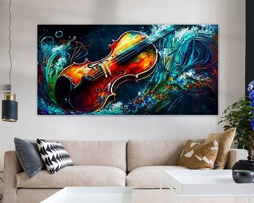 Ein farbenfrohes abstraktes Gemälde einer Geige: Harmonie von Surreal Media