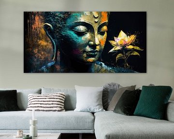 Blauwe Reflecties: Abstract Schilderij van Buddha en de Lotus Flower van Surreal Media