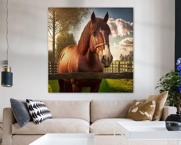 Paard in de wei achter hek van Digital Art Nederland